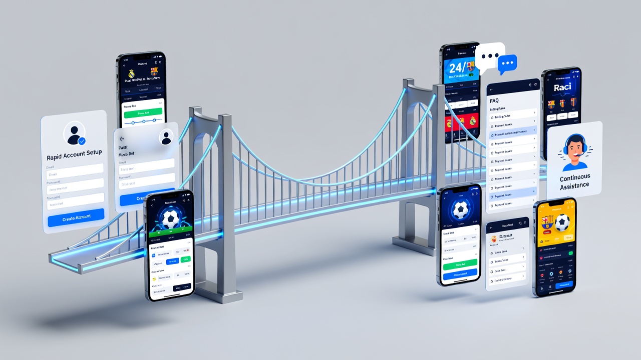 Split-screen view of a mobile app with soccer in-play betting, racing odds tracker, and 24/7 help button highlighted