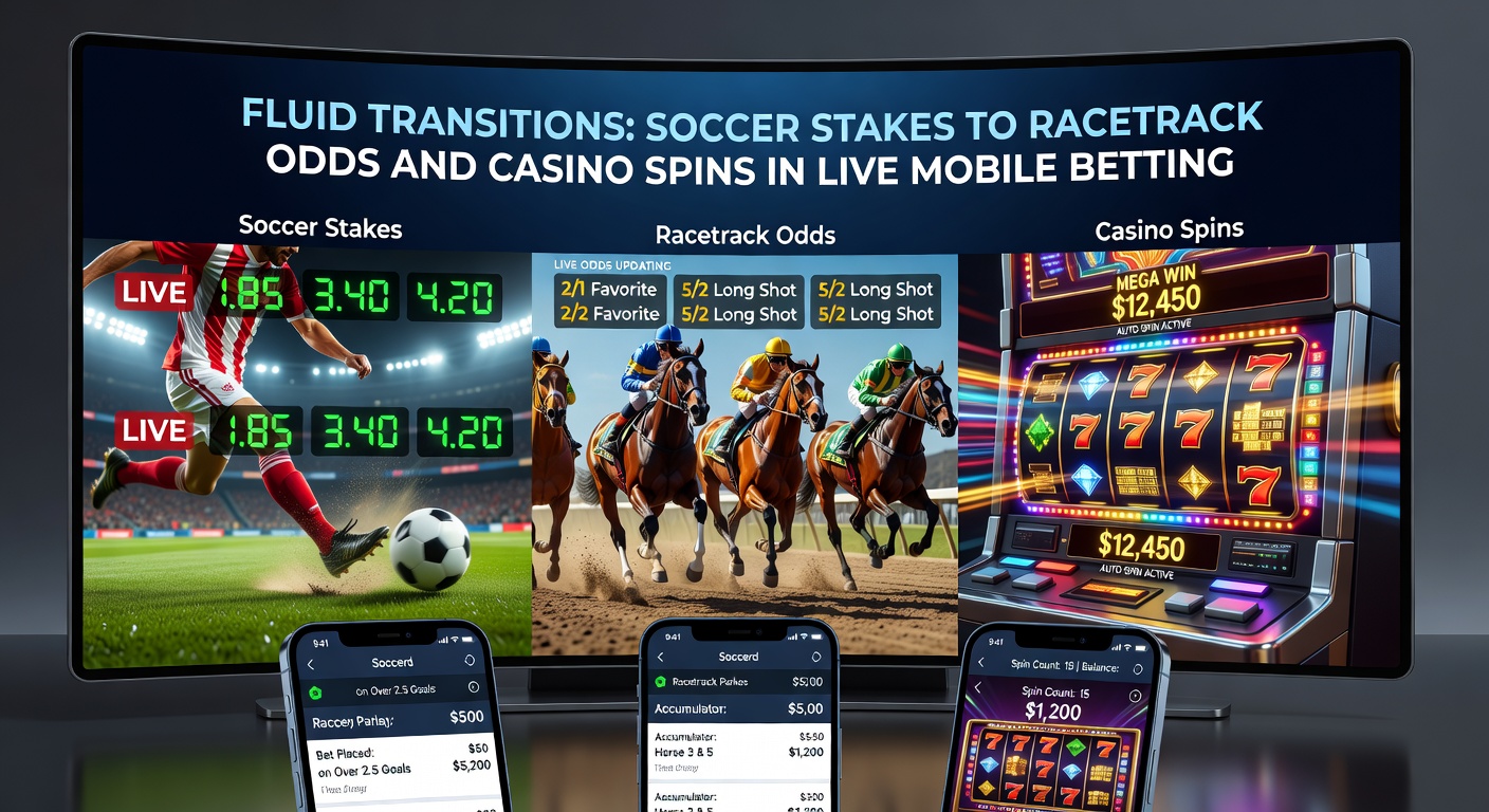 Dynamic split-screen view of a horse race live stream alongside shifting betting odds and soccer highlights on a mobile betting app