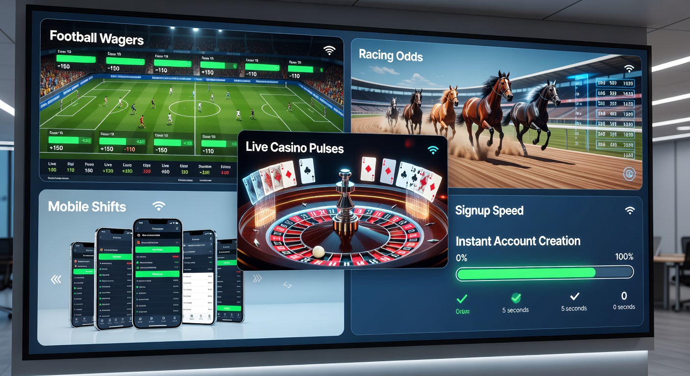 Close-up of a smartphone interface displaying simultaneous football live odds, racing tote board updates, and a live dealer blackjack table, with bonus notifications and chat support visible