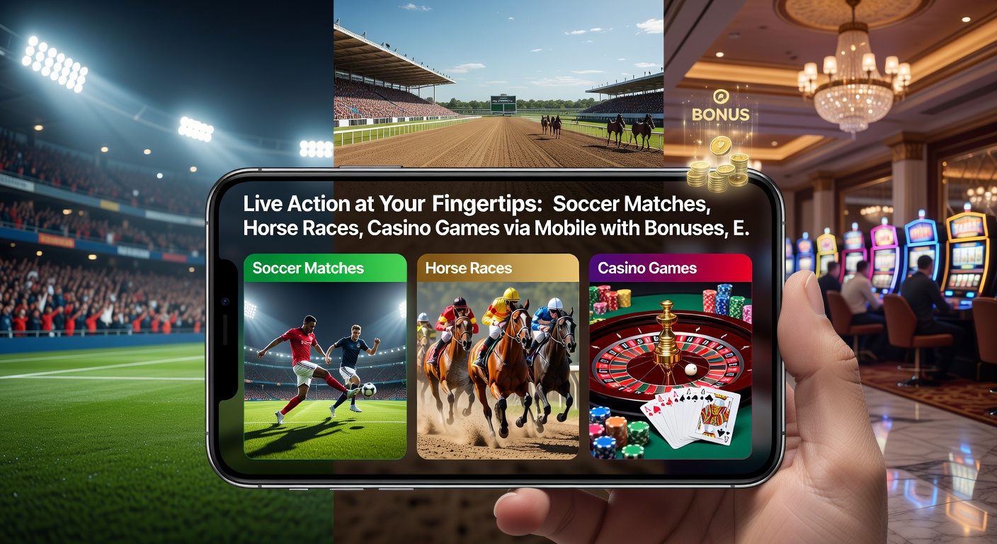 Close-up of a mobile app interface showing live horse race with fluctuating odds, soccer in-play bets, and casino roulette wheel, emphasizing bonuses and support icons