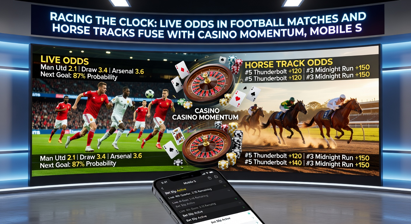 Close-up of a smartphone screen displaying live soccer in-play odds, adjacent horse racing prices, and a casino slot payout, with chat support icon glowing in the corner