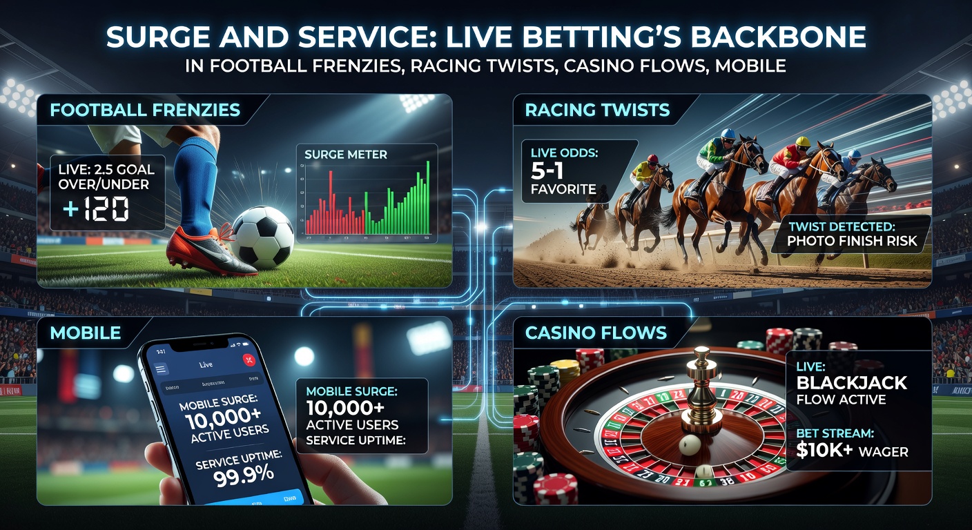 Horse racing scene with live odds board updating in real-time, overlaid with mobile betting app screens and casino live streams